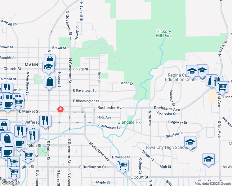 map of restaurants, bars, coffee shops, grocery stores, and more near 1313 East Davenport Street in Iowa City