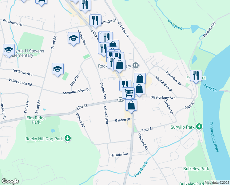 map of restaurants, bars, coffee shops, grocery stores, and more near 45 Elm Street in Rocky Hill