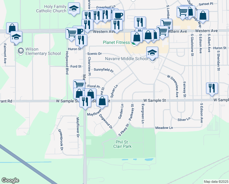 map of restaurants, bars, coffee shops, grocery stores, and more near 834 Sylvan Lane in South Bend