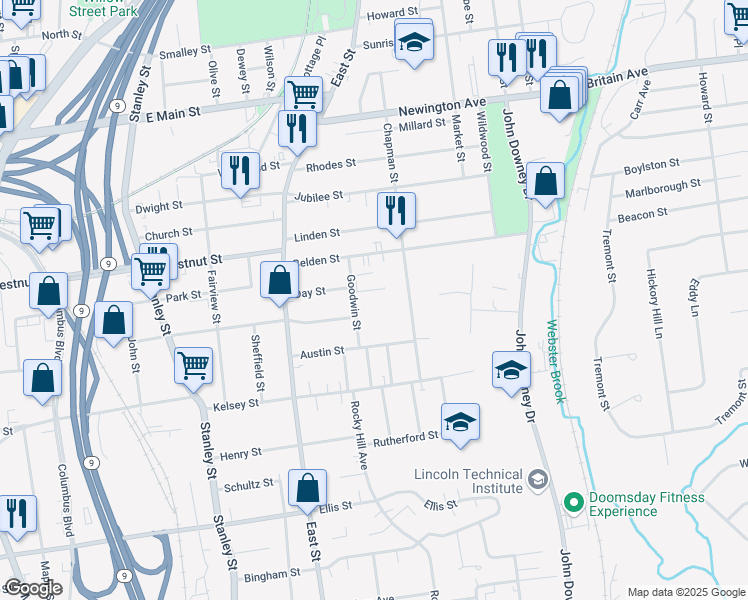 map of restaurants, bars, coffee shops, grocery stores, and more near 40 Goodwin Street in New Britain