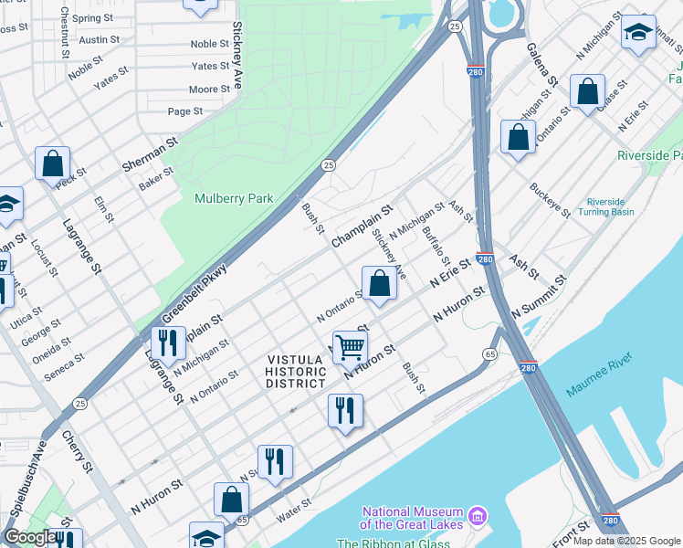 map of restaurants, bars, coffee shops, grocery stores, and more near 829 Bush Street in Toledo