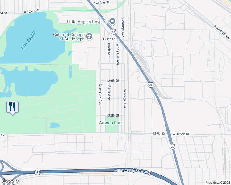 map of restaurants, bars, coffee shops, grocery stores, and more near 2636 White Oak Avenue in Whiting