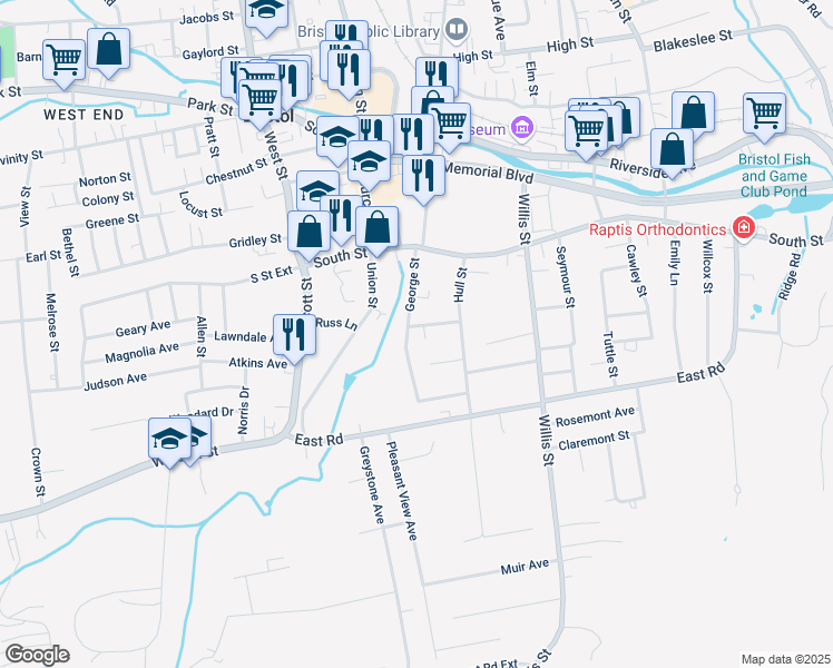 map of restaurants, bars, coffee shops, grocery stores, and more near 85 George Street in Bristol