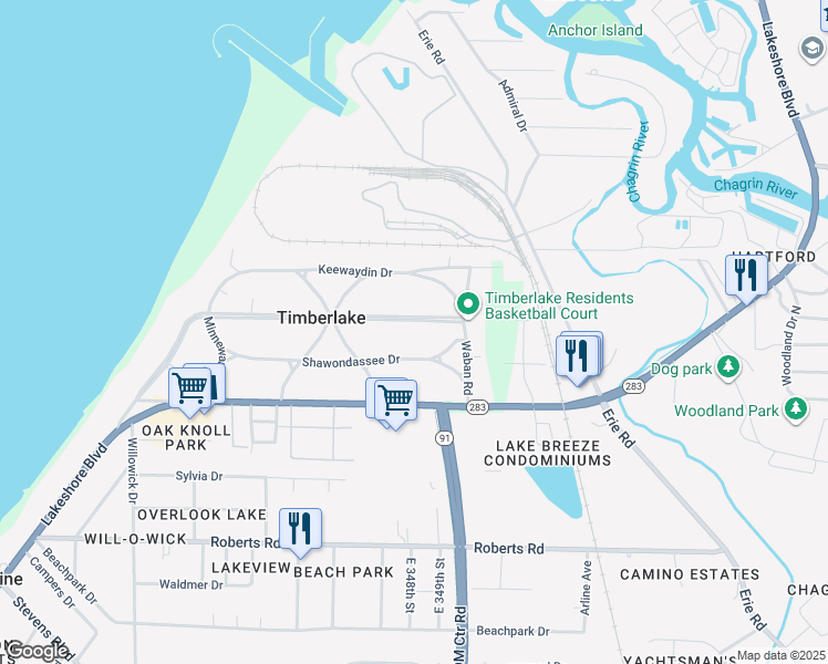 map of restaurants, bars, coffee shops, grocery stores, and more near 90 E Shore Blvd in Timberlake