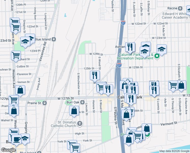 map of restaurants, bars, coffee shops, grocery stores, and more near 12524 South Wood Street in Calumet Park