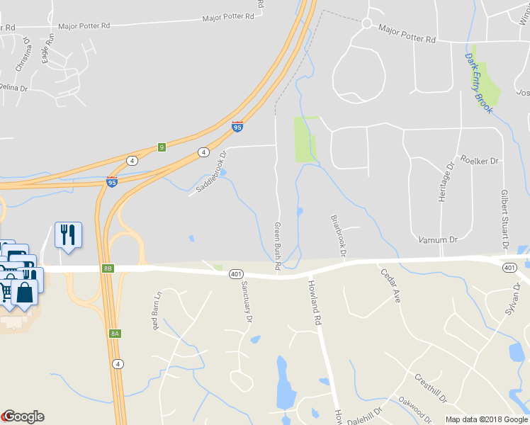 map of restaurants, bars, coffee shops, grocery stores, and more near 481 Green Bush Road in East Greenwich