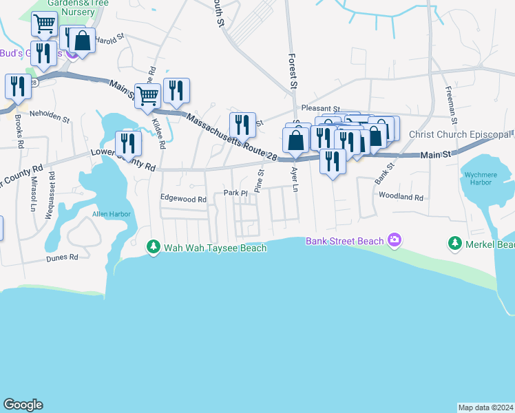 map of restaurants, bars, coffee shops, grocery stores, and more near 19 Pine Street in Harwich