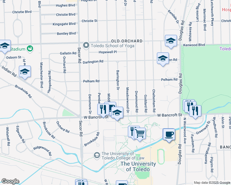 map of restaurants, bars, coffee shops, grocery stores, and more near 2325 Barrington Dr in Toledo