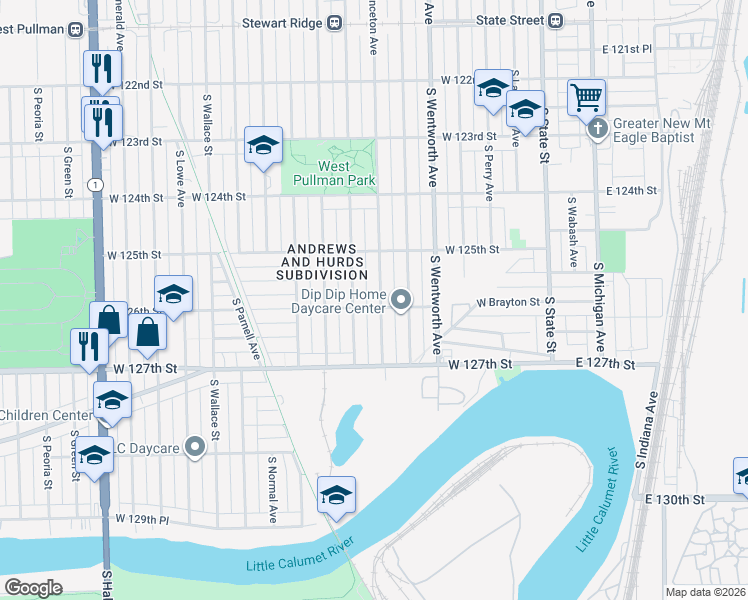 map of restaurants, bars, coffee shops, grocery stores, and more near 12552 South Princeton Avenue in Chicago