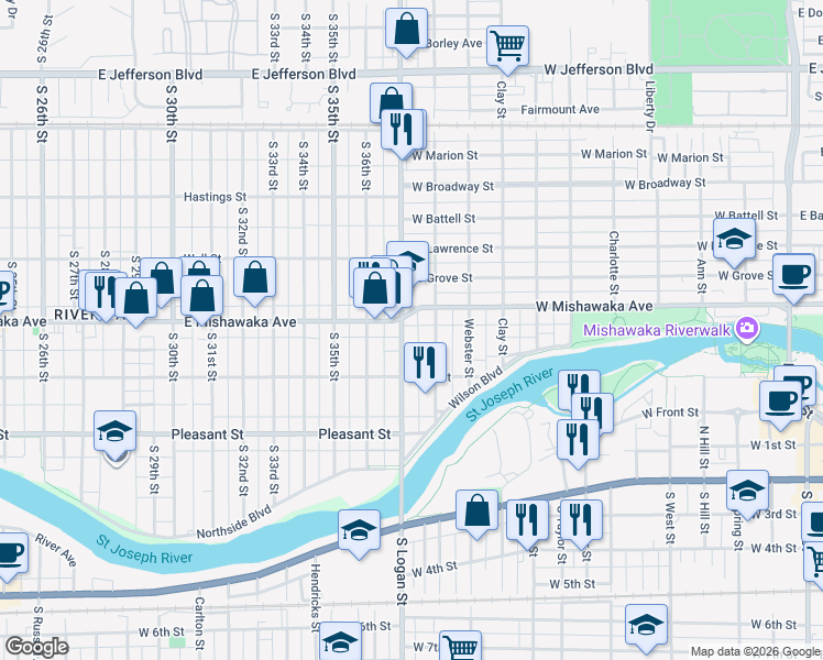 map of restaurants, bars, coffee shops, grocery stores, and more near 544 Logan Street in Mishawaka
