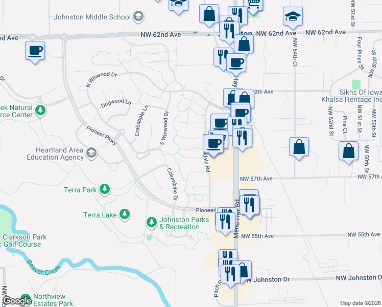 map of restaurants, bars, coffee shops, grocery stores, and more near 5955 Ashland Place in Johnston