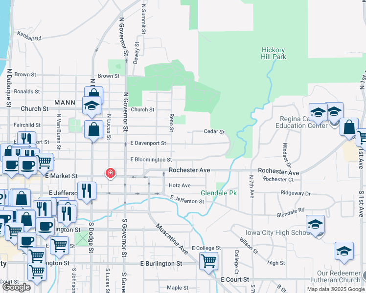 map of restaurants, bars, coffee shops, grocery stores, and more near 1225 East Davenport Street in Iowa City