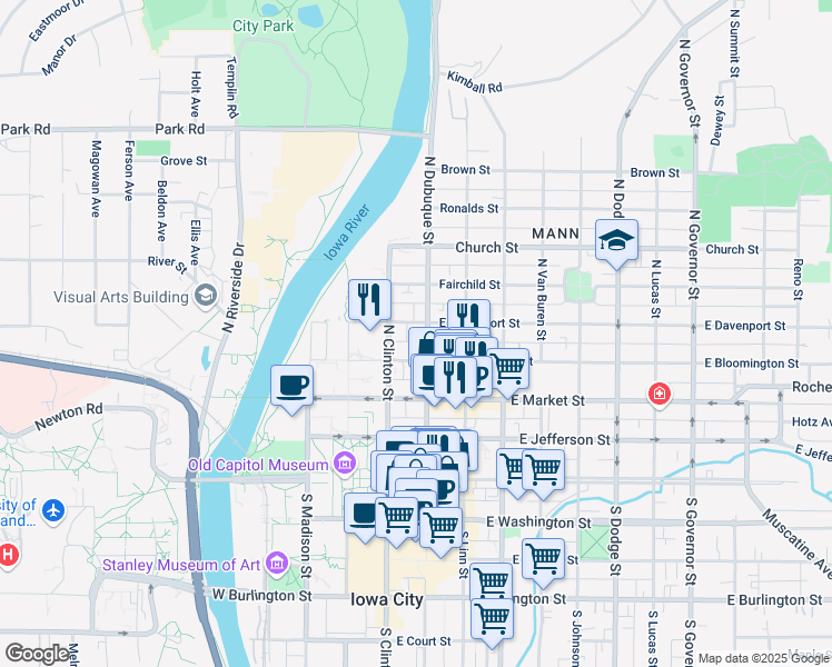 map of restaurants, bars, coffee shops, grocery stores, and more near 326 North Dubuque Street in Iowa City