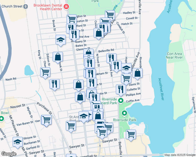 map of restaurants, bars, coffee shops, grocery stores, and more near 85 Hathaway Street in New Bedford