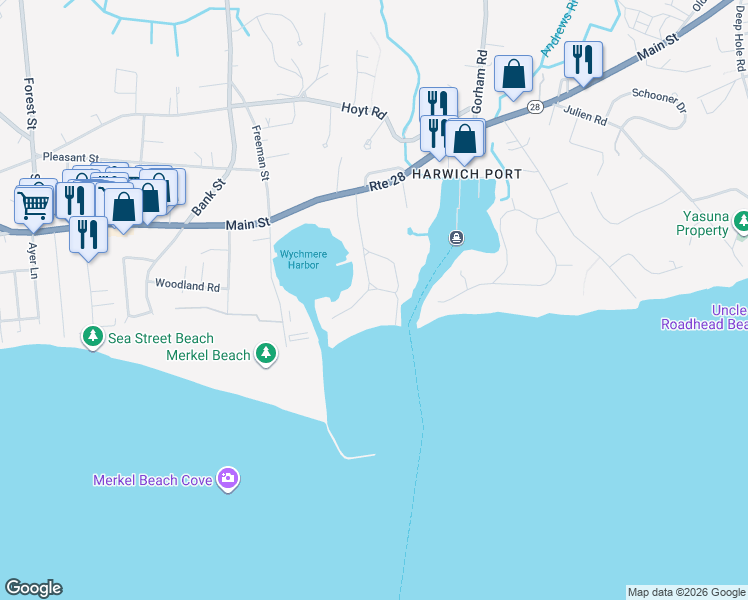 map of restaurants, bars, coffee shops, grocery stores, and more near 25 Harbor Road in Harwich