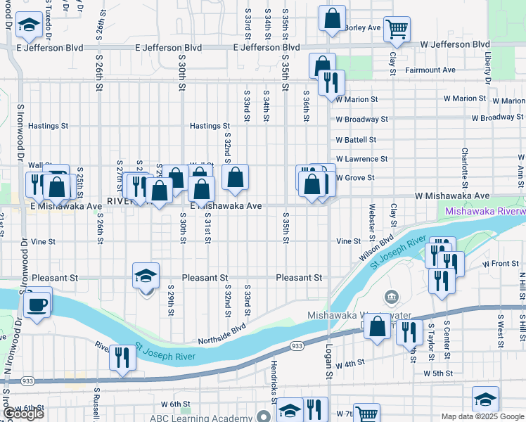 map of restaurants, bars, coffee shops, grocery stores, and more near 3324 East Mishawaka Avenue in South Bend