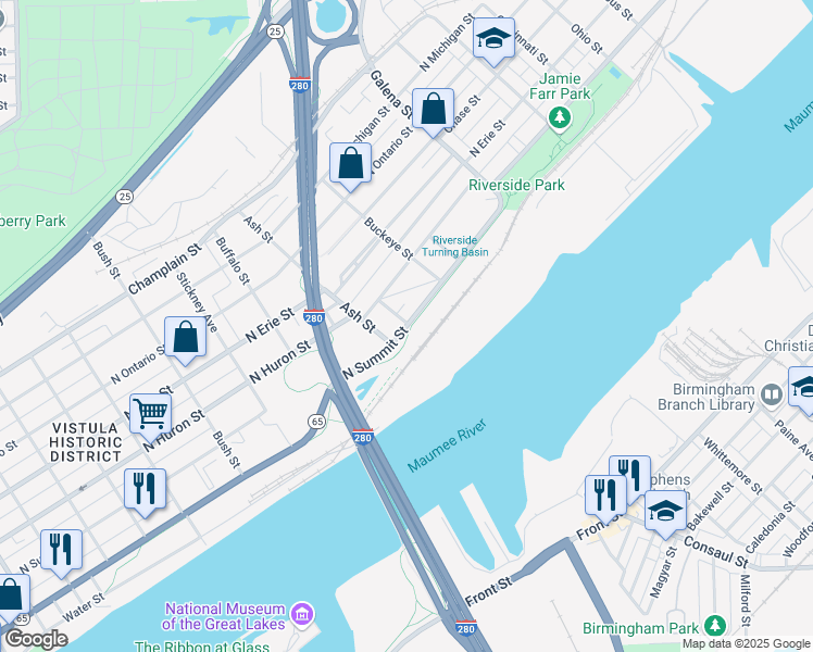map of restaurants, bars, coffee shops, grocery stores, and more near 1829 North Summit Street in Toledo
