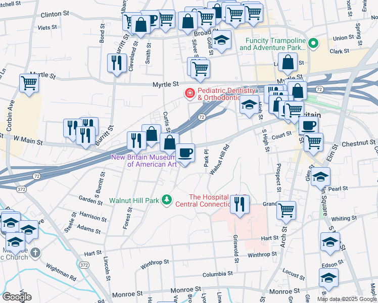map of restaurants, bars, coffee shops, grocery stores, and more near in New Britain
