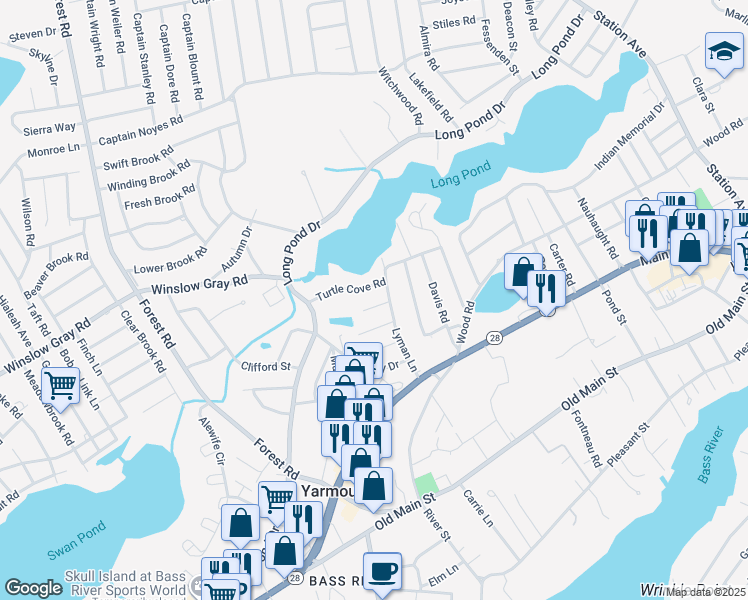 map of restaurants, bars, coffee shops, grocery stores, and more near 8 Ginger Plum Lane in Yarmouth