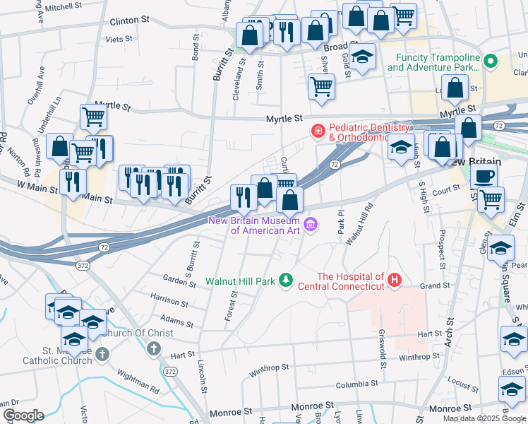 map of restaurants, bars, coffee shops, grocery stores, and more near 399 West Main Street in New Britain