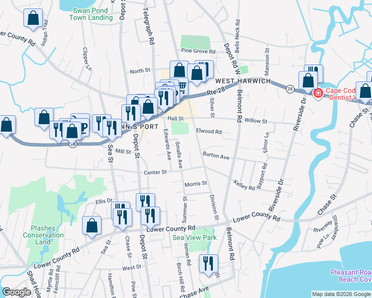 map of restaurants, bars, coffee shops, grocery stores, and more near 21 Seafield Rd in Dennis