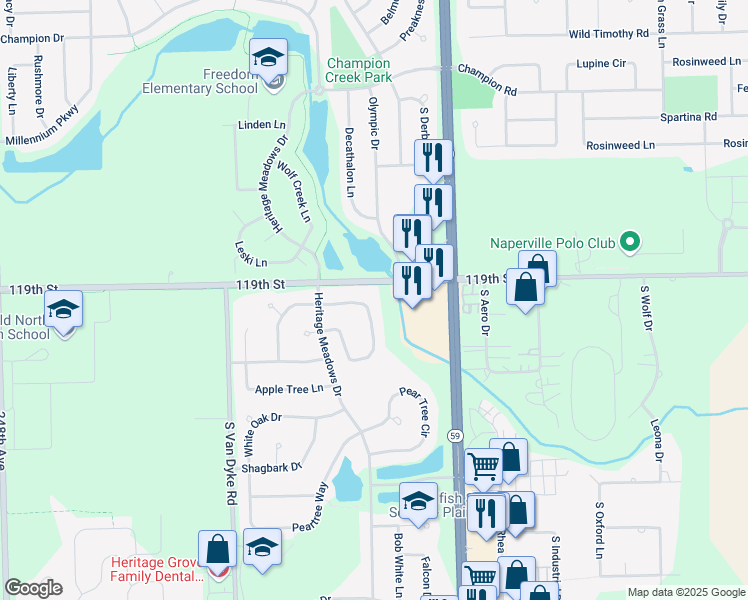 map of restaurants, bars, coffee shops, grocery stores, and more near 24146 Walnut Circle in Plainfield