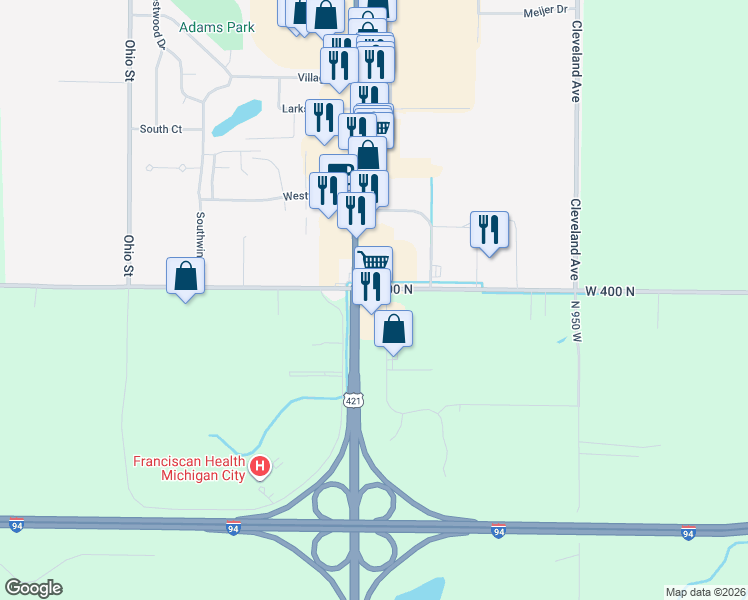 map of restaurants, bars, coffee shops, grocery stores, and more near 9998 West 400 North in Michigan City