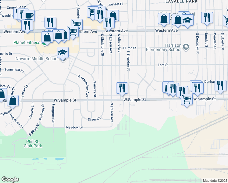 map of restaurants, bars, coffee shops, grocery stores, and more near 830 South Edison Avenue in South Bend