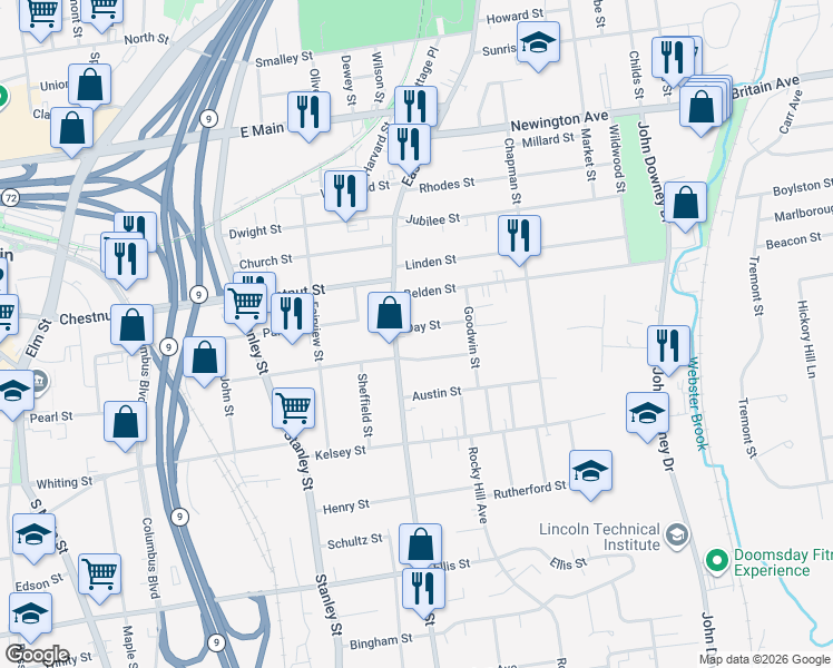 map of restaurants, bars, coffee shops, grocery stores, and more near 451 East Street in New Britain