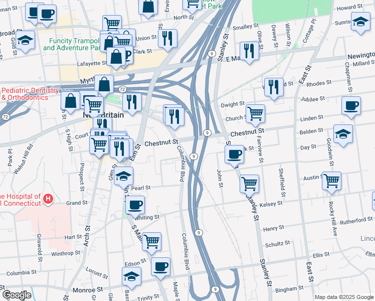 map of restaurants, bars, coffee shops, grocery stores, and more near Highway 9 in New Britain