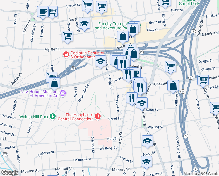 map of restaurants, bars, coffee shops, grocery stores, and more near 69 Walnut Street in New Britain