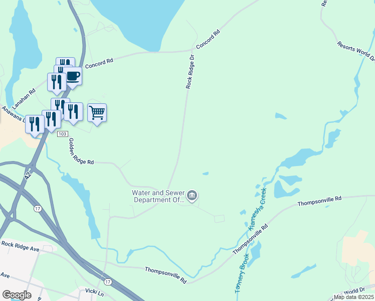 map of restaurants, bars, coffee shops, grocery stores, and more near 174 Rock Ridge Drive in Monticello