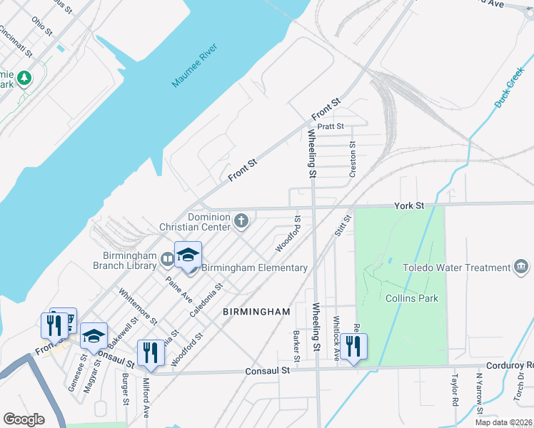 map of restaurants, bars, coffee shops, grocery stores, and more near 2528 York Street in Toledo
