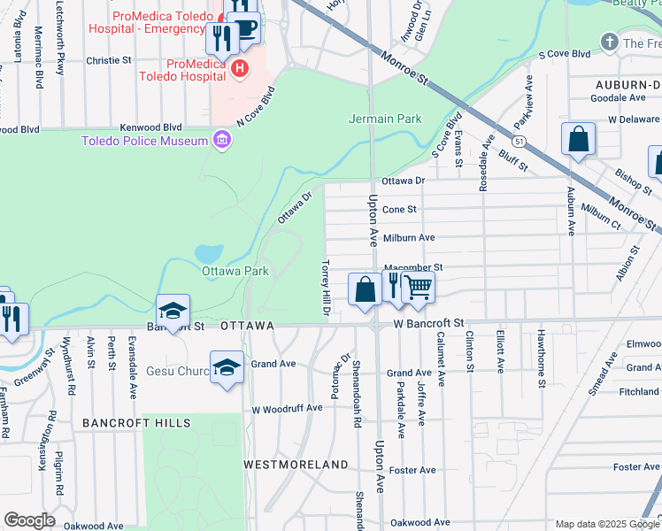 map of restaurants, bars, coffee shops, grocery stores, and more near 1946 Macomber Street in Toledo