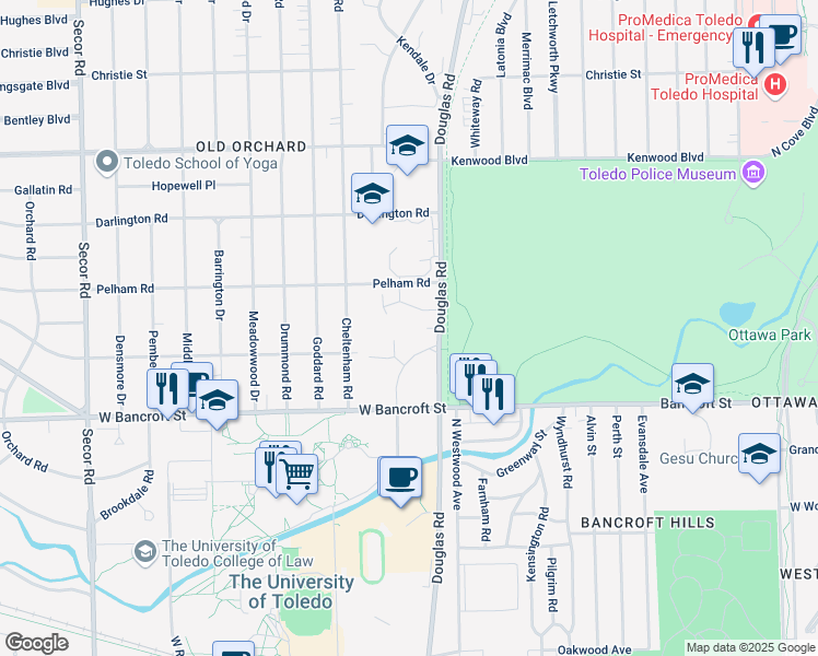 map of restaurants, bars, coffee shops, grocery stores, and more near 2301 University Hills Boulevard in Toledo