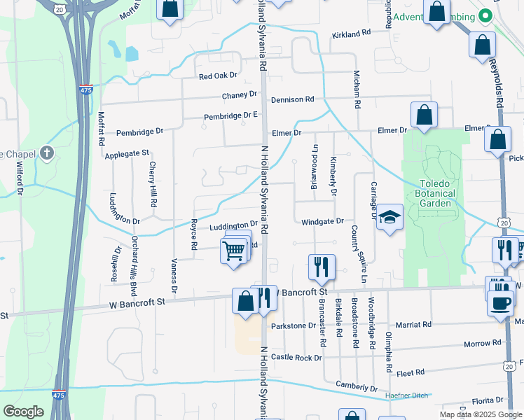 map of restaurants, bars, coffee shops, grocery stores, and more near 2404 North Holland Sylvania Road in Toledo