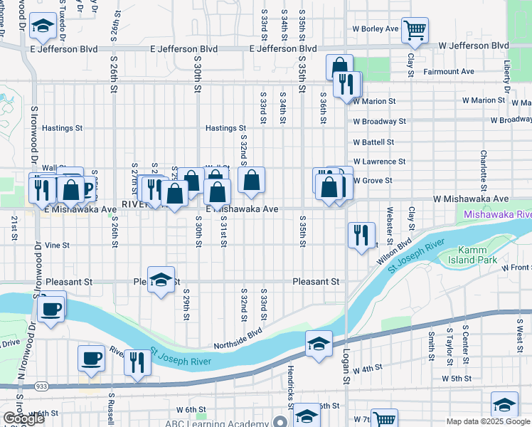 map of restaurants, bars, coffee shops, grocery stores, and more near 3210 East Mishawaka Avenue in South Bend