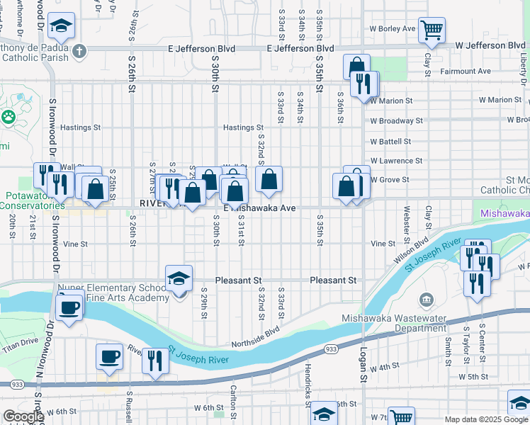 map of restaurants, bars, coffee shops, grocery stores, and more near 3210 East Mishawaka Avenue in South Bend