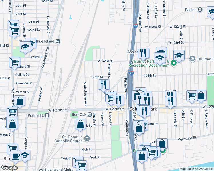 map of restaurants, bars, coffee shops, grocery stores, and more near 12524 South Wood Street in Calumet Park
