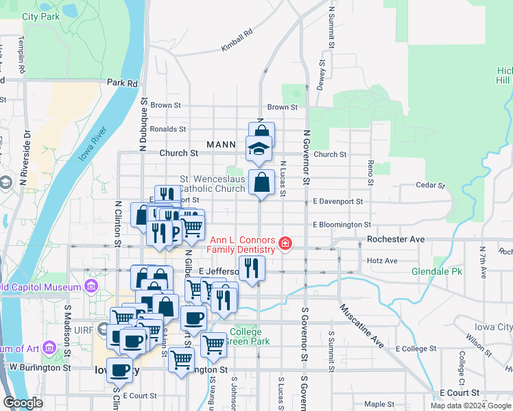 map of restaurants, bars, coffee shops, grocery stores, and more near 701 East Davenport Street in Iowa City