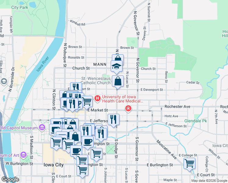 map of restaurants, bars, coffee shops, grocery stores, and more near 701 East Davenport Street in Iowa City