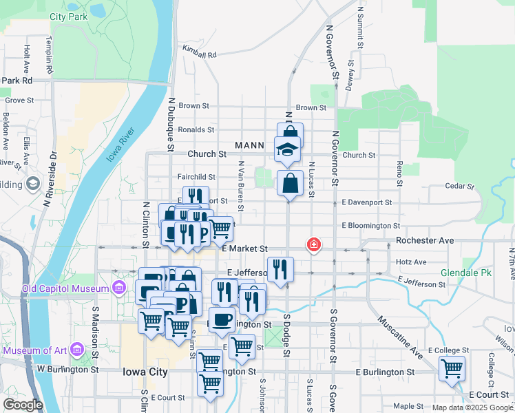 map of restaurants, bars, coffee shops, grocery stores, and more near 332 North Johnson Street in Iowa City