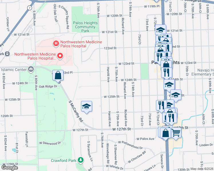 map of restaurants, bars, coffee shops, grocery stores, and more near 12418 Harold Avenue in Palos Heights