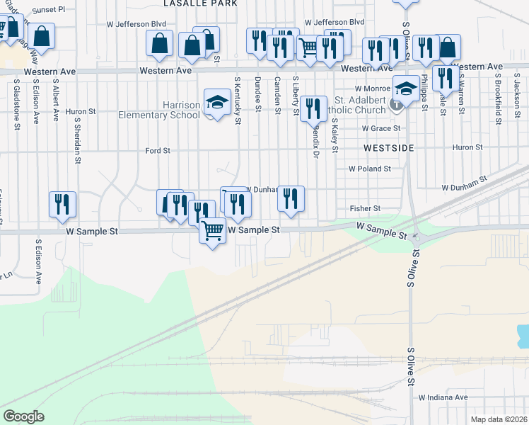 map of restaurants, bars, coffee shops, grocery stores, and more near 834 Dundee Street in South Bend