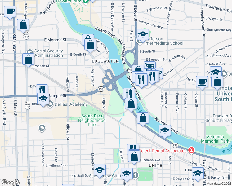 map of restaurants, bars, coffee shops, grocery stores, and more near 958 Lincoln Way East in South Bend