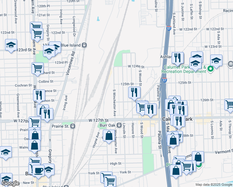 map of restaurants, bars, coffee shops, grocery stores, and more near 12523 South Winchester Avenue in Riverdale