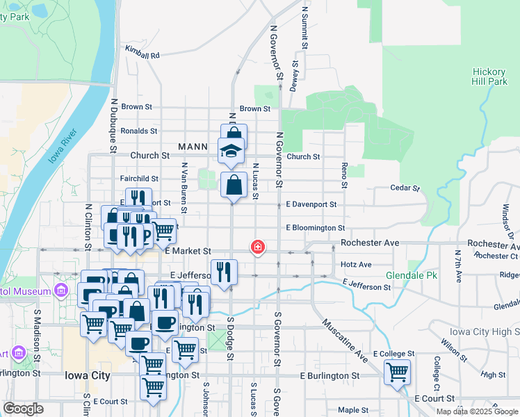 map of restaurants, bars, coffee shops, grocery stores, and more near 330 North Lucas Street in Iowa City