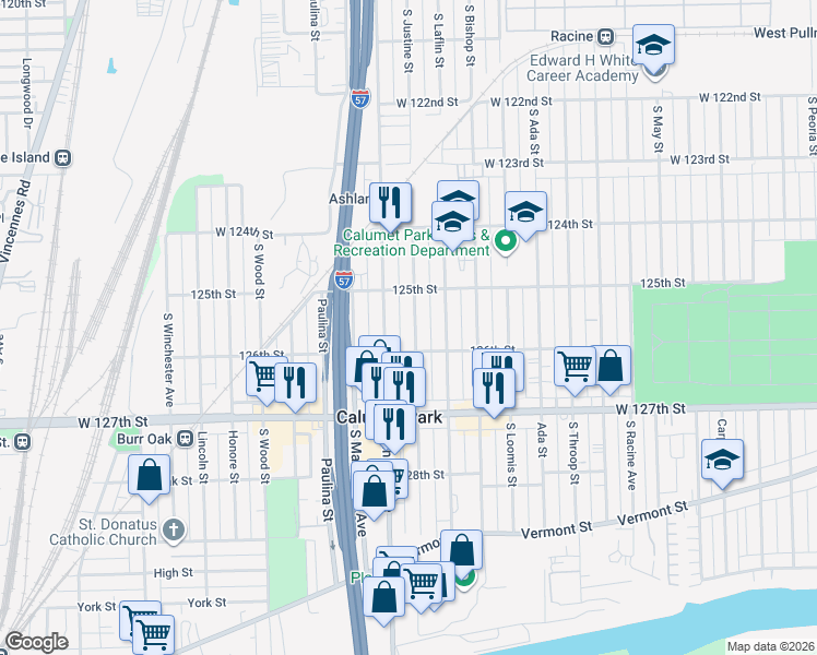 map of restaurants, bars, coffee shops, grocery stores, and more near 12530 South Justine Street in Calumet Park