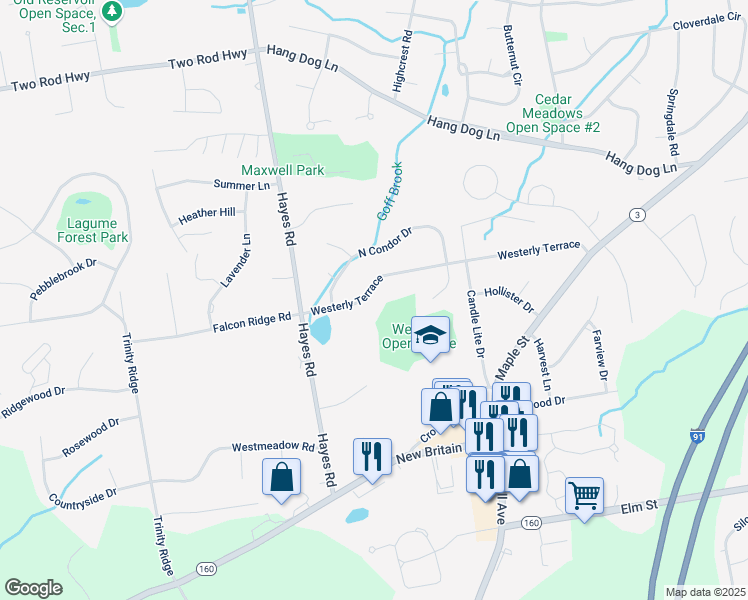 map of restaurants, bars, coffee shops, grocery stores, and more near 280 Westerly Terrace in Rocky Hill