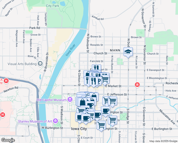 map of restaurants, bars, coffee shops, grocery stores, and more near 326 North Dubuque Street in Iowa City